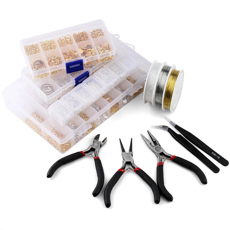 Jewelry Making Diy Kit - Schmuckzubehör-Werkzeugset, offener Biegering/Karabinerverschluss/Schwanzkette/Clip-Schnalle/Tropfen-Set/Ohrringhaken/für DIY-Schmuckherstellung